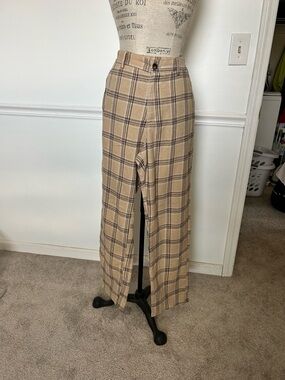 High-Waist Tan Plaid Flannel Pants
